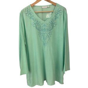 Susan Graver Women Tunic Top Size 1X Aqua Embroidered Beaded Coastal Boho Resort